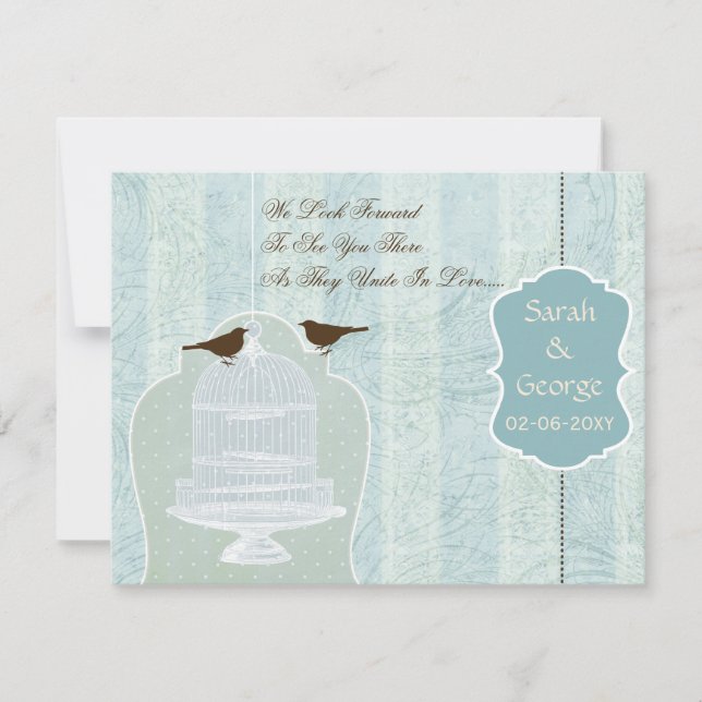 Chic blue bird cage, love birds RSVP (Front)