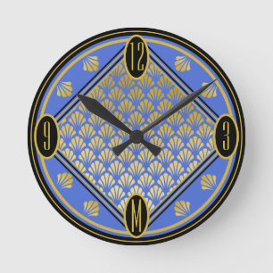 Chic Blue & Black Art Deco Fan Pattern Monogram Round Clock