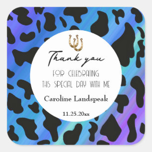 Chic Blue Black Cow Spots Thank You Square Sticker