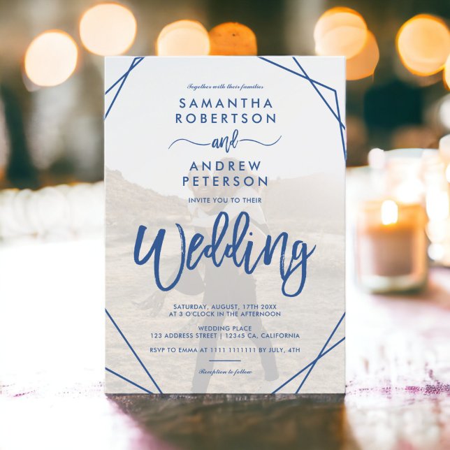 Chic blue boho frame simple photo script wedding invitation (Chic blue boho frame simple photo script wedding invitation)