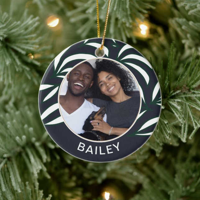 Chic Blue Botanical Dog Photo and Name Christmas Ceramic Tree Decoration (Tree)