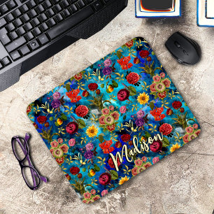 Chic Blue Botanical Watercolor Floral Monogram Mouse Mat