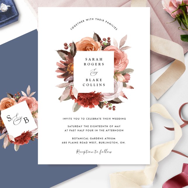 Chic Blue, Burgundy Blush and Pink Floral Wedding Invitation (Creator Uploaded)