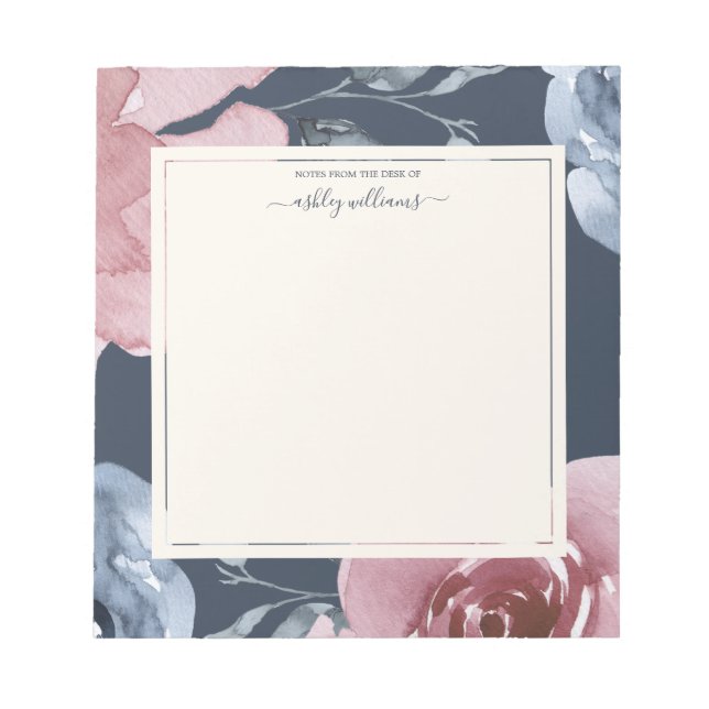 Chic Blue Burgundy Rose Dark Blue Personalized Notepad (Front)