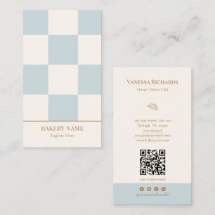 Chic Blue Chequered Bakery QR Code Vertical Business Card