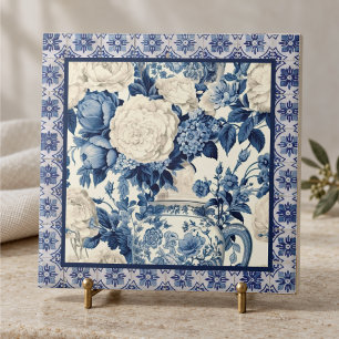 Chic Blue Chinoiserie Toile Floral Monogram Tile