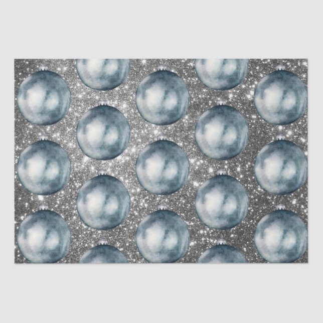 Chic Blue Christmas Balls Silver Sparkles Tissue Paper (Front)