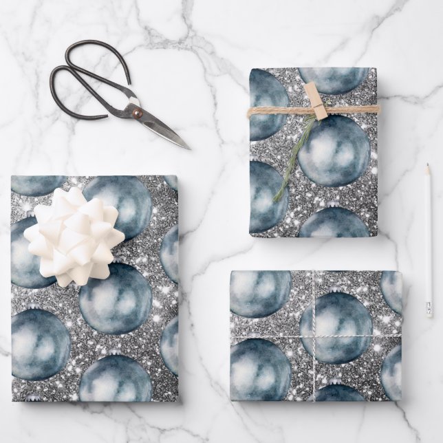 Chic Blue Christmas Balls Silver Sprakles Wrapping Wrapping Paper Sheet (Front)