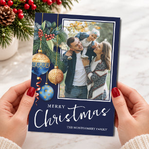 Chic Blue Christmas Tree Ornaments Photo Holiday Card
