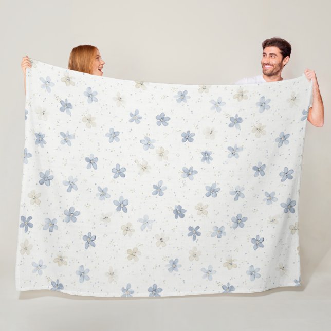 Chic Blue Cream Flowers   Fleece Blanket (In Situ)