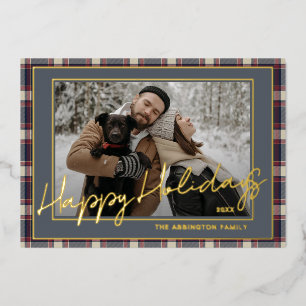 Chic Blue Dark Red Plaid Gold Foil Family Photo Holiday Card