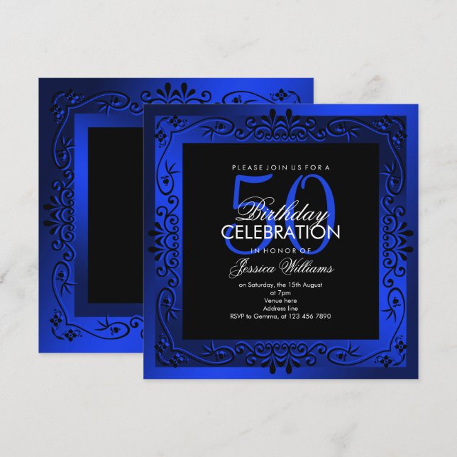 Chic Blue Decorative Framed 50th Birthday Invitation (Front/Back)