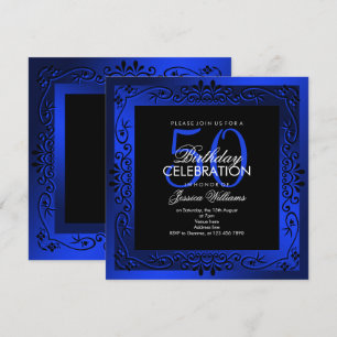 Chic Blue Decorative Framed 50th Birthday Invitation