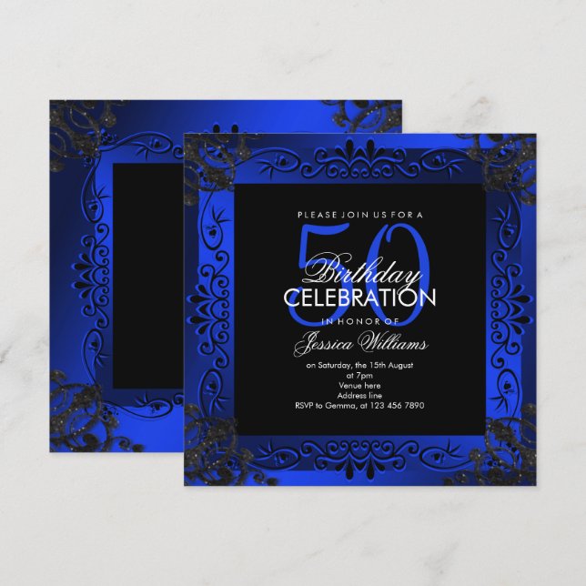Chic Blue Decorative Framed 50th Birthday Invitation (Front/Back)