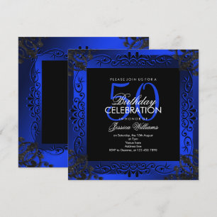 Chic Blue Decorative Framed 50th Birthday Invitation