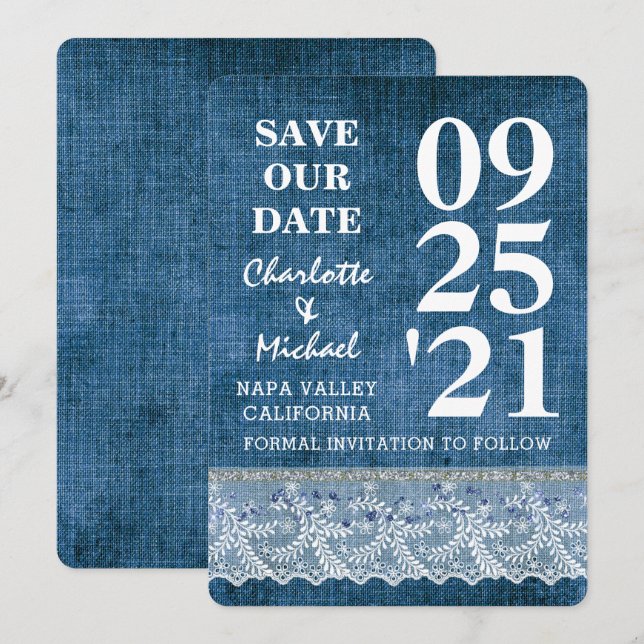 Chic Blue Denim Lace Modern Save The Date Invitation (Front/Back)