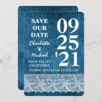Chic Blue Denim Lace Modern Save The Date