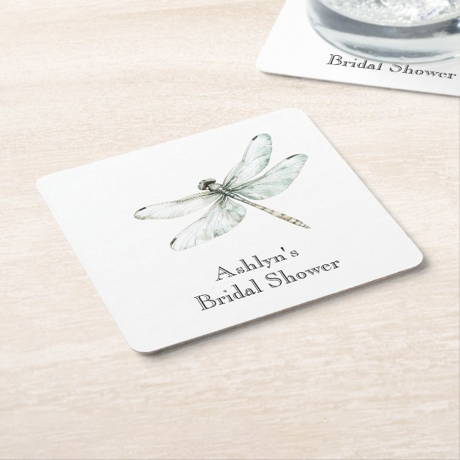 Chic Blue Dragonflies Bridal Shower Square Paper Coaster (Angled)