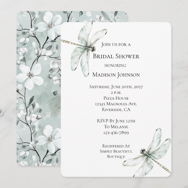Chic Blue Dragonflies Floral Bridal Shower Invitation (Front/Back)