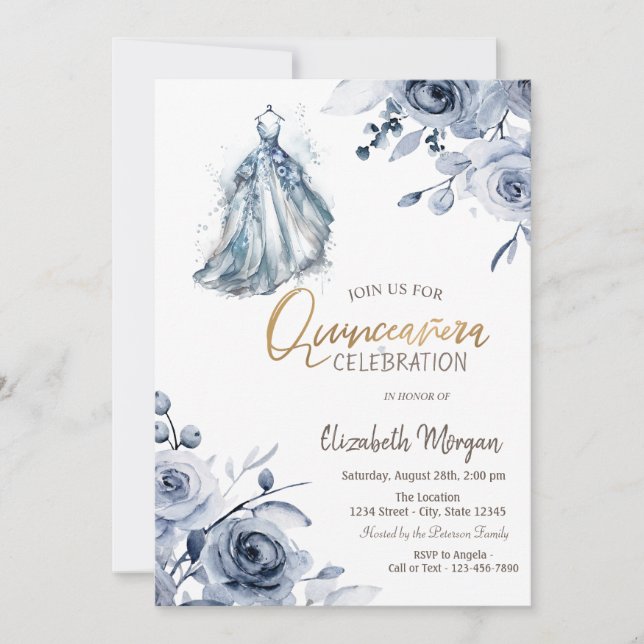 Chic Blue Dress Blue Roses Quinceañera  Invitation (Front)