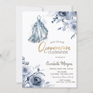 Chic Blue Dress Blue Roses Quinceañera  Invitation