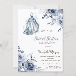 Chic Blue Dress Blue Roses Sweet 16 Invitation