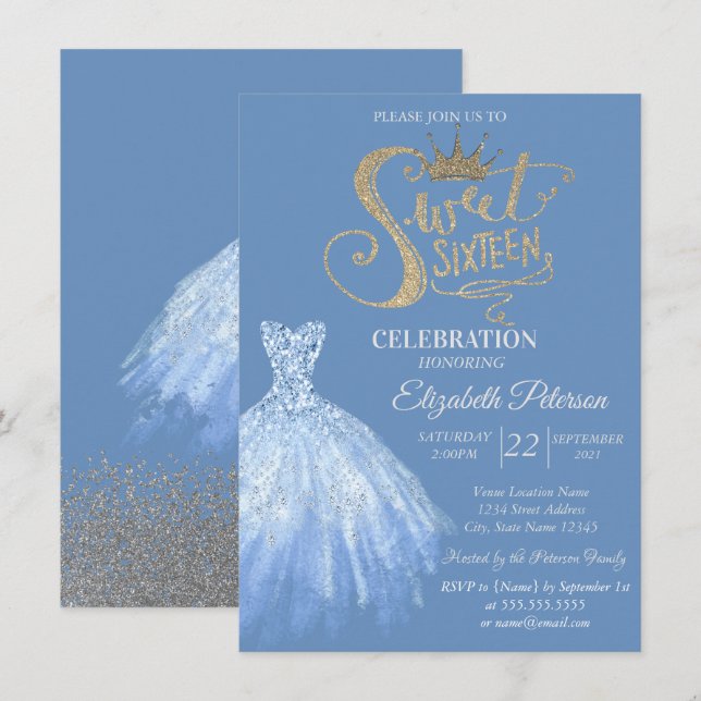 Chic Blue Dress,Diamonds Sweet 16   Invitation (Front/Back)