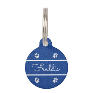 Chic Blue Faux Glitter Customised Cat   Pet Tag