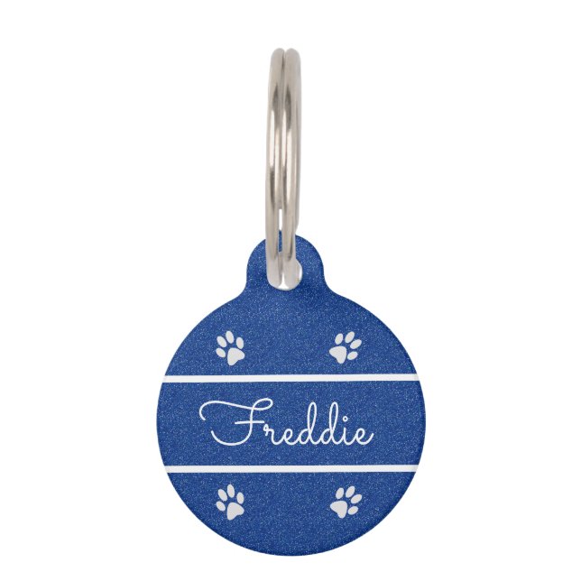 Chic Blue Faux Glitter Customised Cat   Pet Tag (Front)