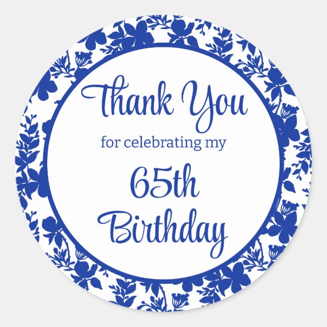 Chic Blue Floral 65th Birthday Party Classic Round Sticker (Front)