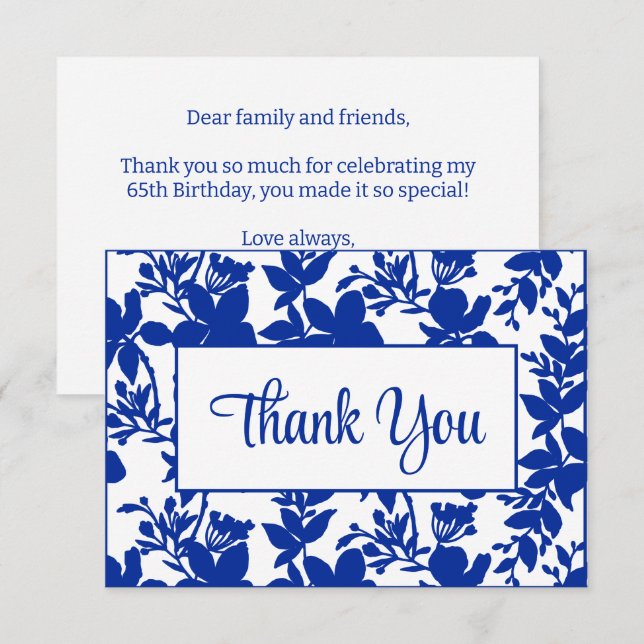 Chic Blue Floral 65th Birthday Party Thank You Card (Front/Back)