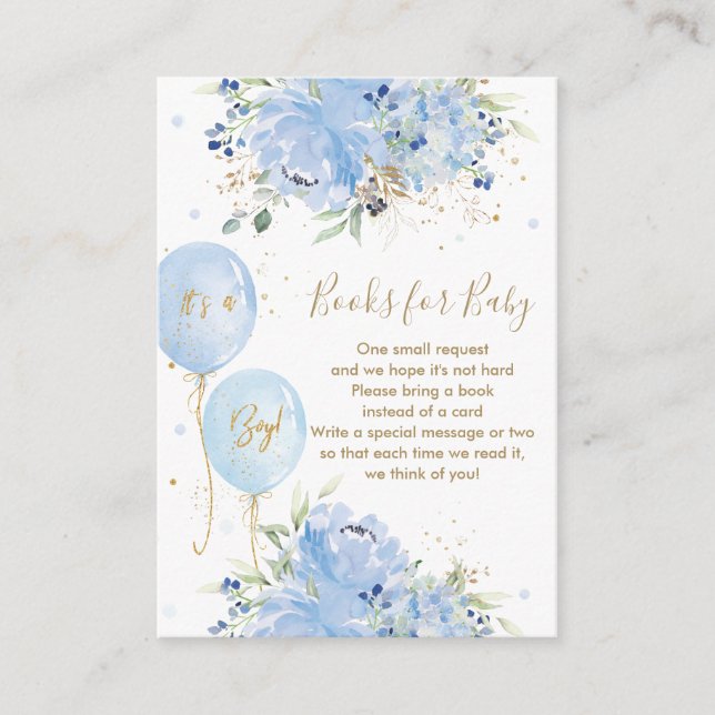 Chic Blue Floral Balloons Baby Boy Bring a Book Enclosure Card (Front)