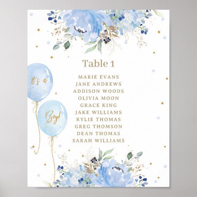 Chic Blue Floral Balloons Baby Shower Seating  Poster (Front)