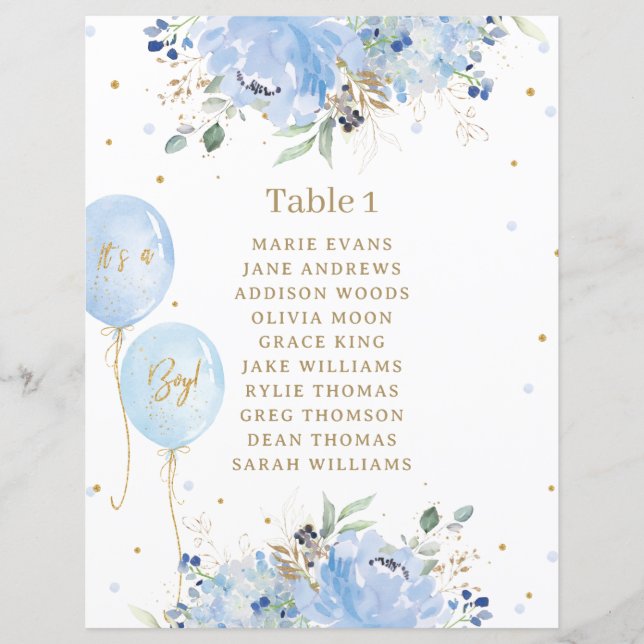 Chic Blue Floral Balloons Baby Shower Seating Sign (Front)