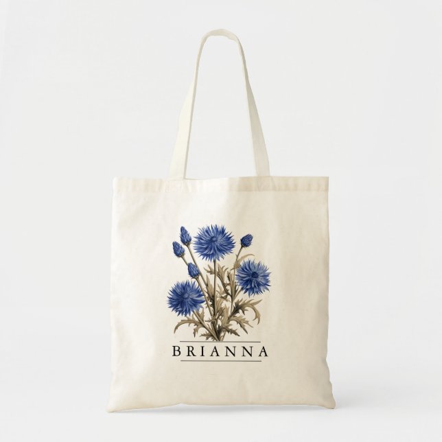 Chic Blue Floral Botanical-Personalise-Budget Tote Bag (Front)