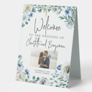 Chic Blue Floral Couple Photo Wedding Welcome