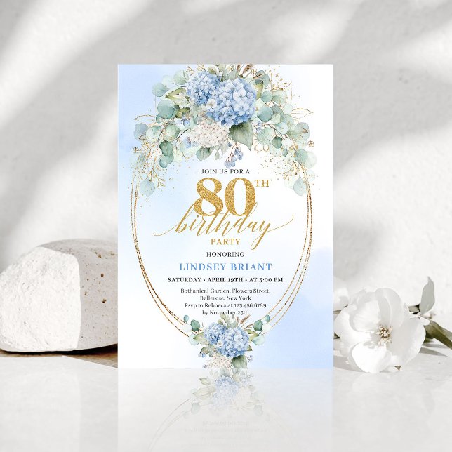 Chic Blue Floral Eucalyptus 80th Birthday Invite (Chic Blue Floral Eucalyptus 80th Birthday Invitation)