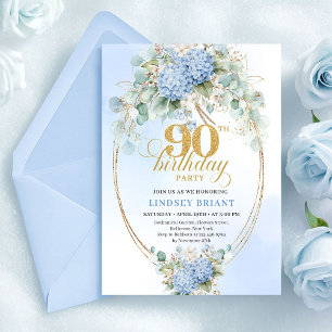 Chic Blue Floral Eucalyptus Gold 90th Birthday Invitation