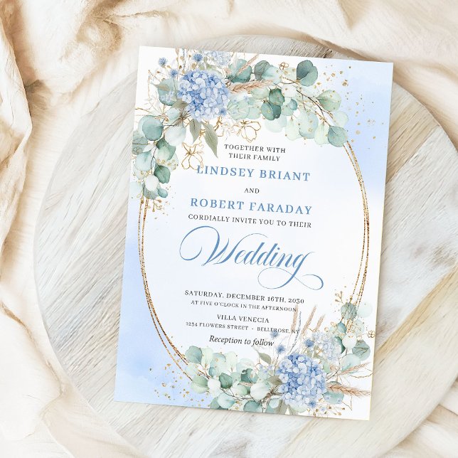 Chic Blue Floral Eucalyptus Gold Oval Wedding  Invitation (Chic Blue Floral Eucalyptus Gold Oval Wedding Invite)