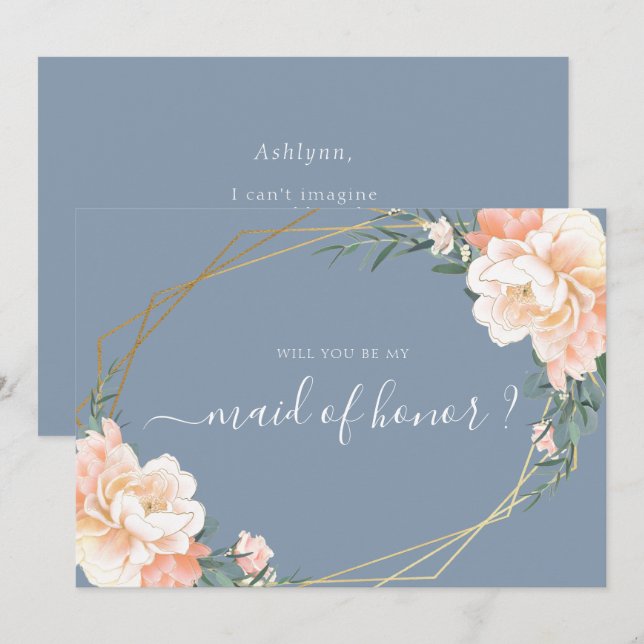 Chic Blue Floral Gold Will You Be My Maid of Honou Invitation (Front/Back)