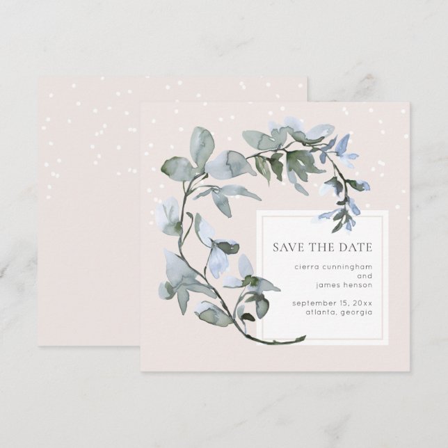 Chic Blue Floral Greenery Wedding Save the Date (Front/Back)