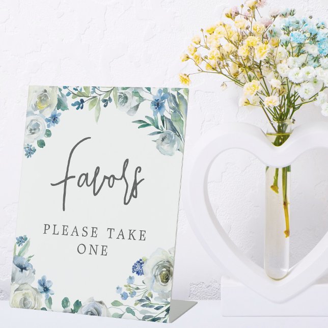 Chic Blue Floral Handwritten Script Wedding Favour Pedestal Sign (Creator Uploaded)