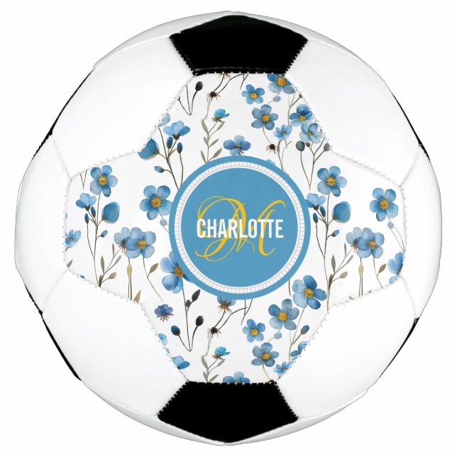 Chic blue floral pattern monogrammed name football (Front)
