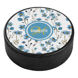 Chic blue floral pattern monogrammed name hockey puck