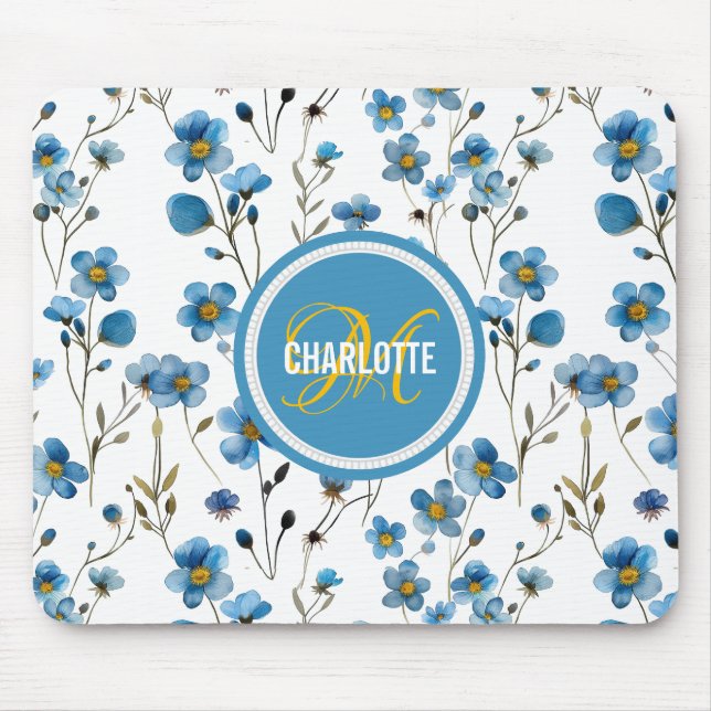 Chic blue floral pattern monogrammed name mouse mat (Front)