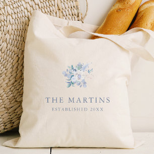 Chic Blue Floral Personalised Name Wedding Tote Bag