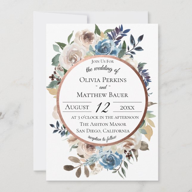 Chic Blue Floral Rose Gold Wedding Invitation (Front)