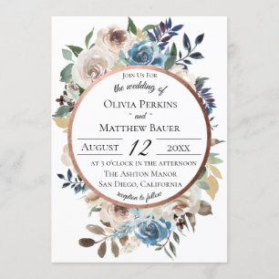 Chic Blue Floral Rose Gold Wedding Invitation