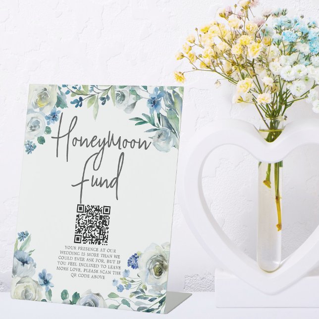 Chic Blue Floral Spring Wedding Honeymoon Fund Pedestal Sign (Creator Uploaded)