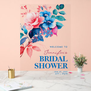 Chic Blue Floral Watercolor Bridal Shower Welcome Acrylic Sign
